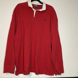 Vtg Ralph Lauren Rugby Polo Shirt 2XLT  Tall Red Y2K Padded Elbow Patch RLPC